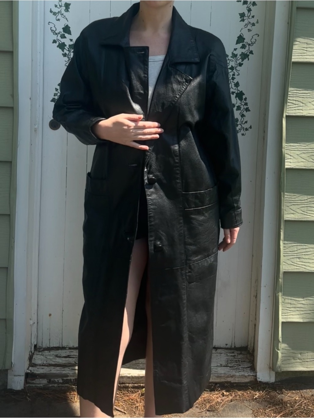 80’s Vintage BB Dakota Black Long Leather Trench Coat Bomber Style